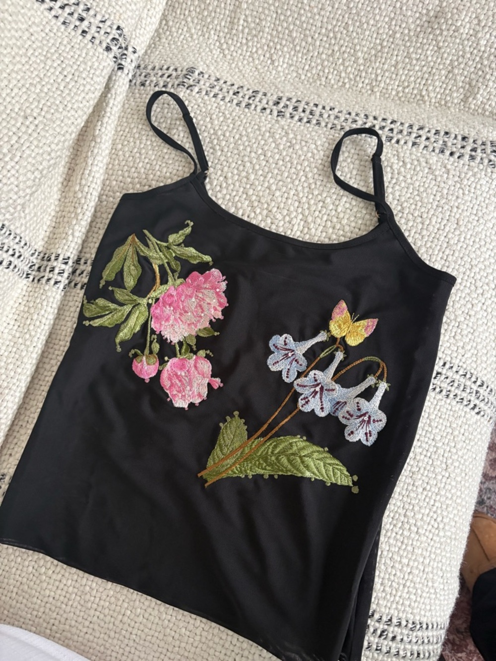 Cynthia Rowley Black Cami with Pink & Light Blue Floral Embroidery